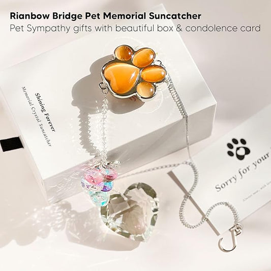 Pet Memorial Suncatcher - Dog Memorial Gifts, Pet Loss Sympathy, Thoughtful Dogs and Cats Bereavement Remembrance Gifts, Natural Cat's Eye Paw Crystal Suncatcher(Orange Red)