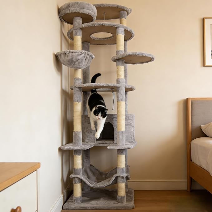 78.8 Inches Cat Tower for Indoor Cats, Cute Cat Tree with Cozy Condo, Platform, Hammock, Sisal Scratch Board and Interactive Toy (Light Gray)