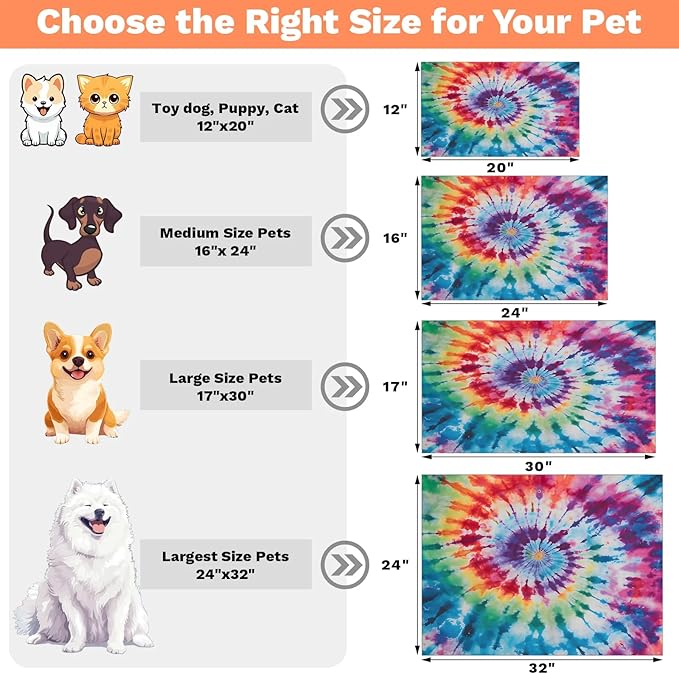 Colorful Tie Dye Dog Food Mat for Floors Absorbent, Quick Dry Water Dispenser Mat for Food, Water, Pet Supplies 24" x 32", Boho Rainbow
