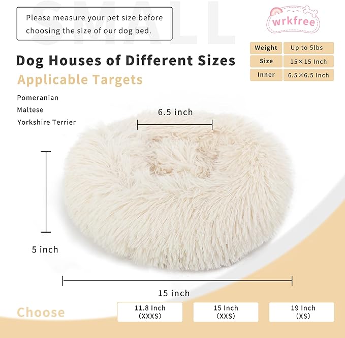 Tiny Dog Bed Extra Small Washable 15 inches Beige Donut Soft Small Dog Bed,Calming Anti Anxiety Round Fits up to 5 lbs Warm Comfort Pets Beds for Puppy Dogs Indoor