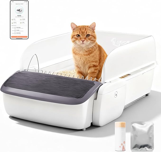 Automatic Cat Litter Box Self-Cleaning for Multiple Cats, Extra Large with App Control/Splash Guard/Safety Anti-Pinching Design/Odor Control Open-top Litter Box with Waste Bag