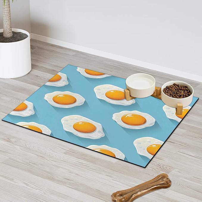 Cute Egg Dog Food Mat for Floors Absorbent Dog Bowl Mat for Food and Water Dispenser Quick Dry Cat Food Placemat Pet Supplies 16" x 24", Fried Eggs