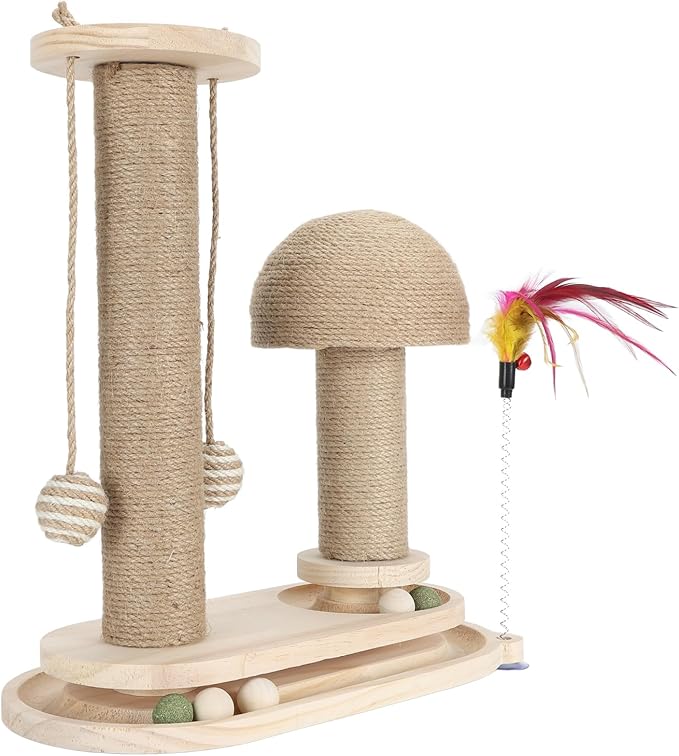 Cat Toy Cat Scratching Post 2 Layer Ball Track Kitten Scratcher Cat Toy, Sturdy Pine Hemp Cat Scratch Post Interactive Toy with Wood Ball, Suction Cup Base Cat Scratcher Toy
