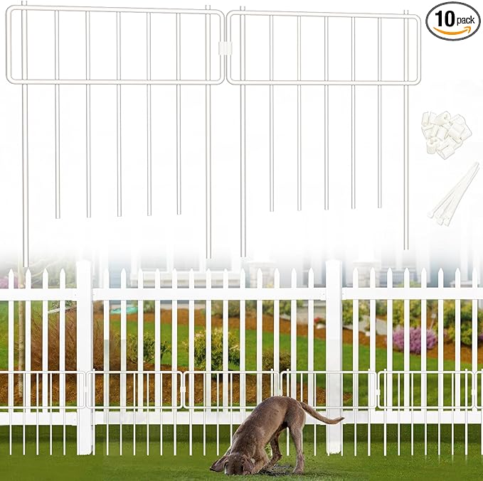 10 Pack Animal Barrier Fence, No Dig Fence Decorative Fences, 17in(H) x10ft(L) Rustproof Metal Small Garden Fence Border for Dogs Rabbits, Bottom Blocker for Outdoor Yard Patio, White