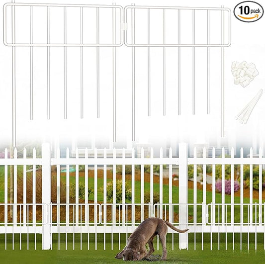 10 Pack Animal Barrier Fence, No Dig Fence Decorative Fences, 17in(H) x10ft(L) Rustproof Metal Small Garden Fence Border for Dogs Rabbits, Bottom Blocker for Outdoor Yard Patio, White
