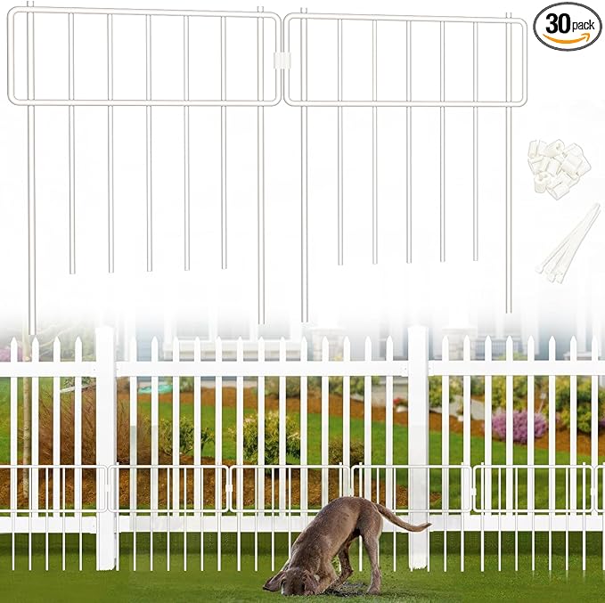 30 Pack Animal Barrier Fence, No Dig Fence Decorative Fences, Rustproof Metal Small Garden Fence Border for Dogs Rabbits (White, 30 Pack,30Ft)