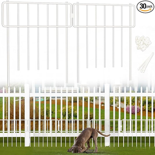 30 Pack Animal Barrier Fence, No Dig Fence Decorative Fences, Rustproof Metal Small Garden Fence Border for Dogs Rabbits (White, 30 Pack,30Ft)