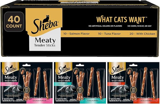 Sheba Meaty Tender Sticks Soft Cat Treats Chicken, Tuna, and Salmon Flavor, 0.14 oz., 40 Sticks