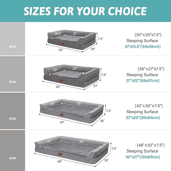 Orthopedic Dog Beds for Large Sized Dog, XL Bolster Pet Couch with Waterproof Lining, Egg Crate Foam Sofa for Pets Up to 100 lbs, U-Shaped, 42x30x7.5 inch, Grey