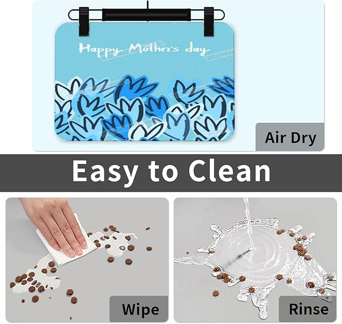 Pet Feeding Mat Happy Mother's Day Floral Gift Mom Blue Heart Dog Food Mat for Food Water No Stains Quick Dry Dispenser Cat Bowl Mats for Messy Drinkers 18X12In