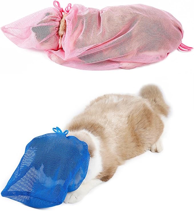 XIAOYU Cat Grooming Bag, Adjustable Cat Restraint Bag for Bathing Nail Clipping Cleaning(Head Bag + Body Bag), Blue