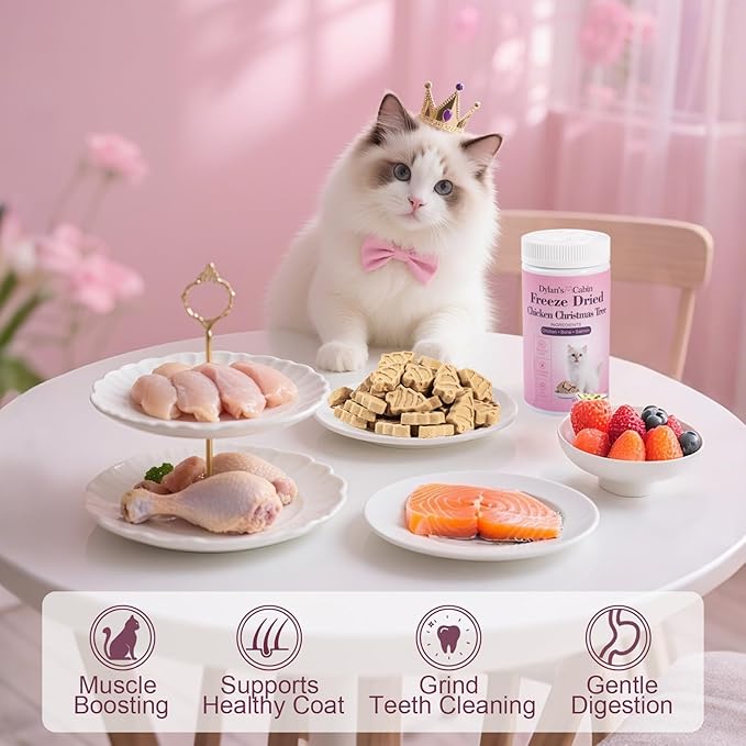 Dylan's cabin Freeze-Dried Chicken Cat & Dog Treats - High Protein Tree Bites with Bone-in Thigh, Salmon Training Kitten Puppy Snack for Coat Oral Health, 84pcs