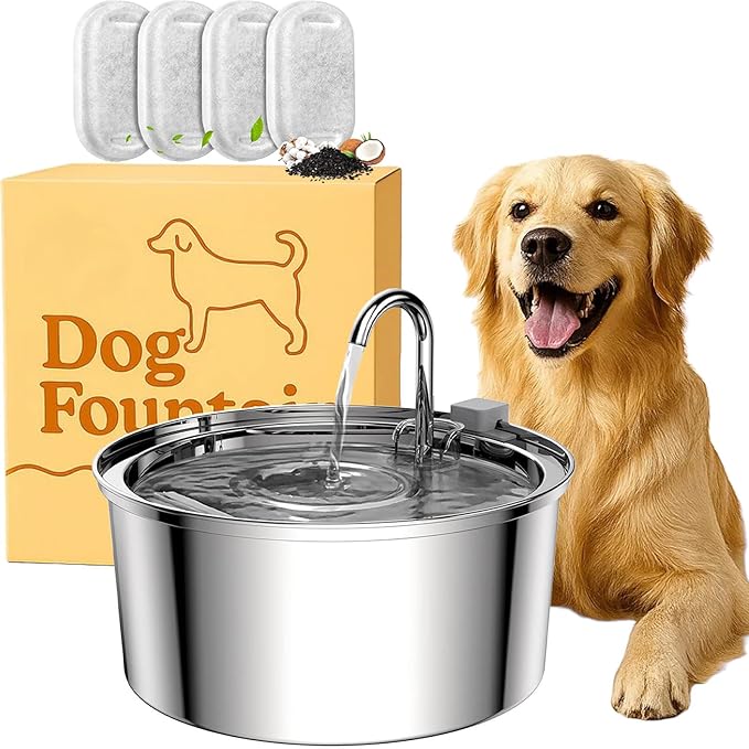 Dog Water Fountain, 4L/7L The Doggy Fountain, Stainless Steel Dog Water Fountain, Whisper Quiet & Easy to Clean & Multi-Filtration (Type A + 2 Filters, 3.2L/112oz)