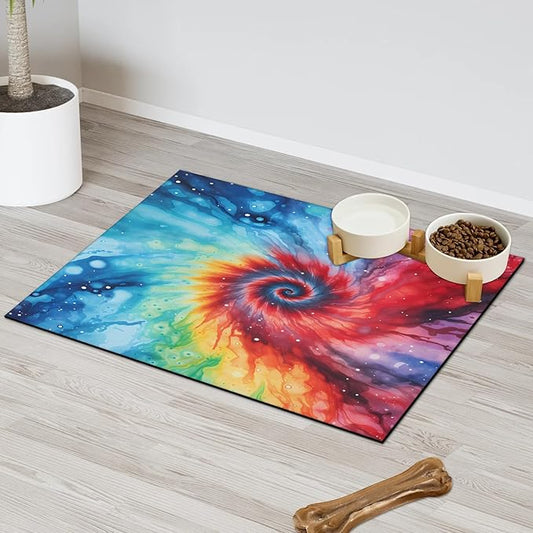 Tie Dye Dog Food Mat for Floors Absorbent, Quick Dry Water Dispenser Mat for Food, Water, Pet Supplies 12" x 20", Red Blue