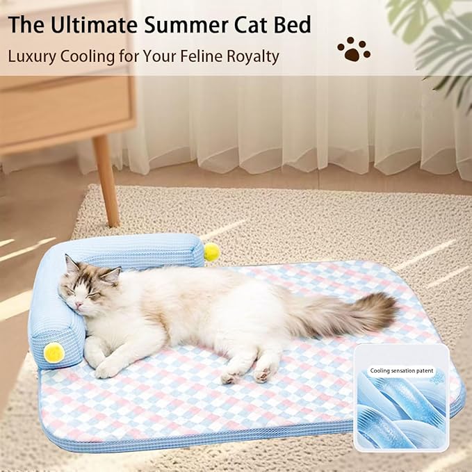 Cooling Cat Bed with Pillow – L-Shaped Sofa Design, Breathable Summer Mat for Kittens & Cats, Machine-Washable Cushion Calming Bed for Persian, Siamese, Small Pets (Blue, 21"x15"x4")