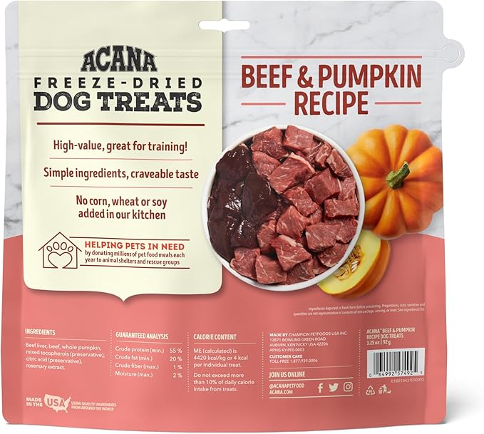 ACANA Singles Grain Free Dog Treats Limited Ingredients & Freeze-Dried Beef & Pumpkin 3.25oz Bag