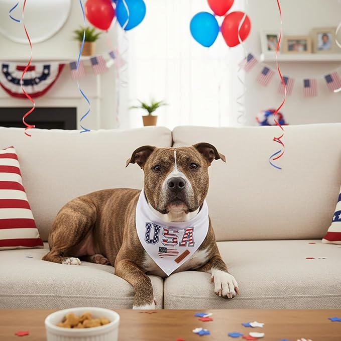 PTDECOR American Flag Dog Bandana, White USA Flag 4th of July Pet Scarf, Premium Durable Fabric, Reversible Triangle Patriotic Bandanas for Medium Large Dogs Pets (Large)