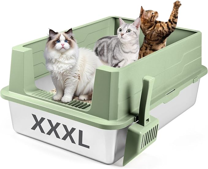 Extra Large Stainless Steel Litter Box, XXXL 27.6" H x 19.7" W x 11.8" H Metal High Sided Cat Litter Box with Scoop, Leak-Proof, Easy Clean for Big Cats/Multiple Cats (Green)