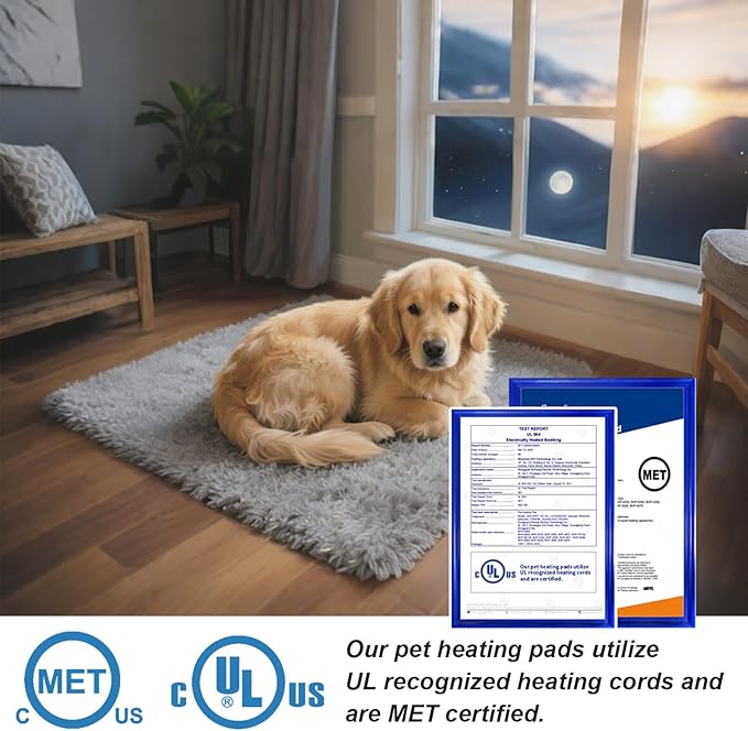 Dog Heating Pad 28x18 in with Smart Thermostat Switch and Power Line Protection Tube,Obtained MET and UL Dual Certification,Waterproof Puppy Heating Pad- Gray 1