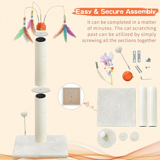 Cat Scratching Post ，42.5" Tall Heavy Duty Cat Scratcher Posts with Automatic Teaser Wand Cat Toys，Interactive Automatic Rotating Hanging Balls for Indoor Large Cats