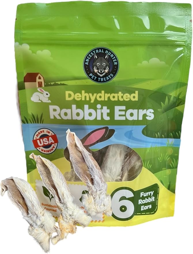 Dehydrated Rabbit Ears for Dogs & Cats - - USA Sourced Whole Ears with Fur for Dogs - Rawhide Alternative - 100% Single Ingredient Crunchy Furry Rabbit Ears (6 Count)