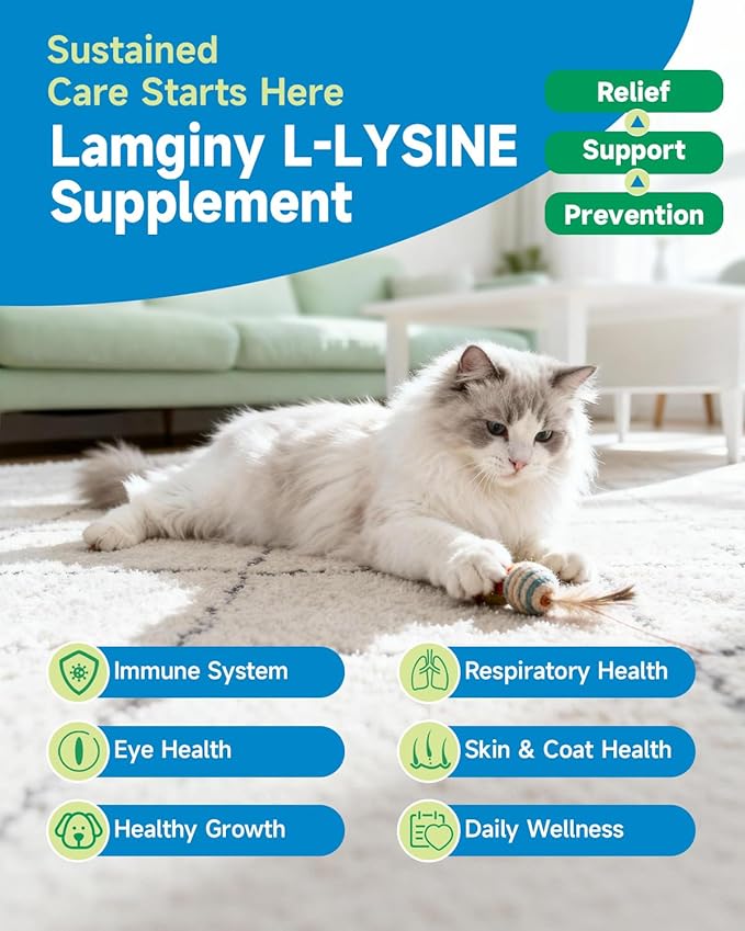 Lysine Supplement for Cat, Immune Support for Cats, with L-Lysine HCI, Niacinamide, L-Taurine, Folic Acid, Vitamins, Runny Nose, Sneezing & Allergy Relief, Respiratory Health, Eye Function Supplement