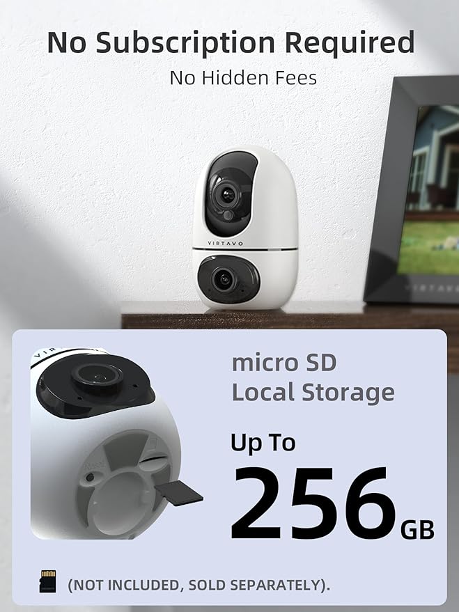 virtavo Pet Camera Indoor for Dogs & Cats, 360° PTZ Pet Monitor with Motion Tracking, Dual‑Lens, 2‑Way Audio, Night Vision, No Subscription, Wi‑Fi 6 (2.4GHz/5GHz), SD & Cloud Storage
