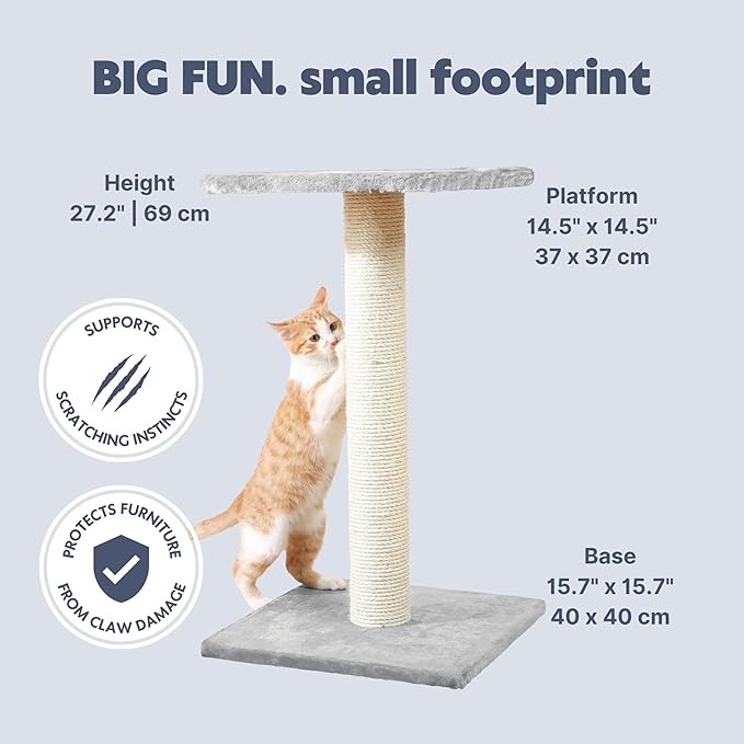 TRIXIE Espejo Cat Scratching Post 27.2 Inch - Cat Scratcher with Soft Fabric Covering Base and Durable Sisal Rope - with Resting Platform - Gray