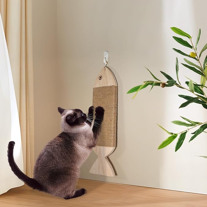 Wall-Mounted Cat Scratcher, Natural Jute Rope, Wooden Fish Shape, 16.54x4.72 Inch, Interactive Swaying Design, Indoor Cat Scratching Post