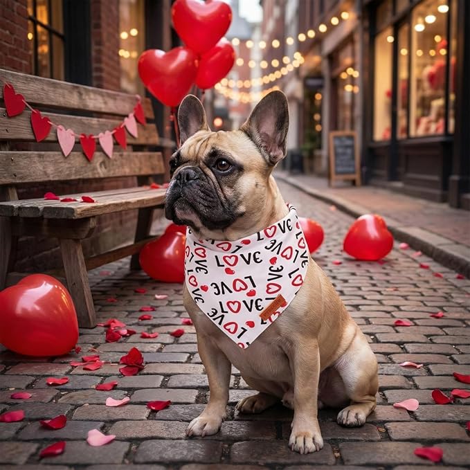 PTDECOR Dog Valentine Bandana, Reversible Love and Heart Print Valentine Pet Scarf, Premium Durable Fabric, White Bandanas for Medium Large Dogs (Large)