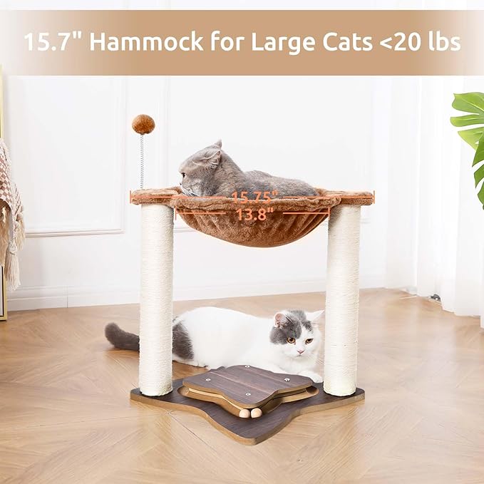 FluffyDream Cat Scratching Post for Indoor Cats, Small Cat Tree Tower with Hammock,Wooden Interactive Ball Track for Kitten and Adult Cats,18inches (Brown)