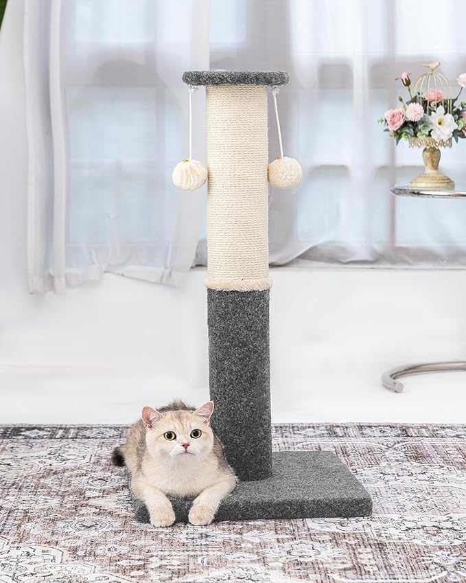 34-Inch Tall Cat Scratching Post for Indoor Cats, Komicoll Large Scratch Post, Sisal Cat Scratcher, Sturdy and Durable Cat Post with Hanging Ball