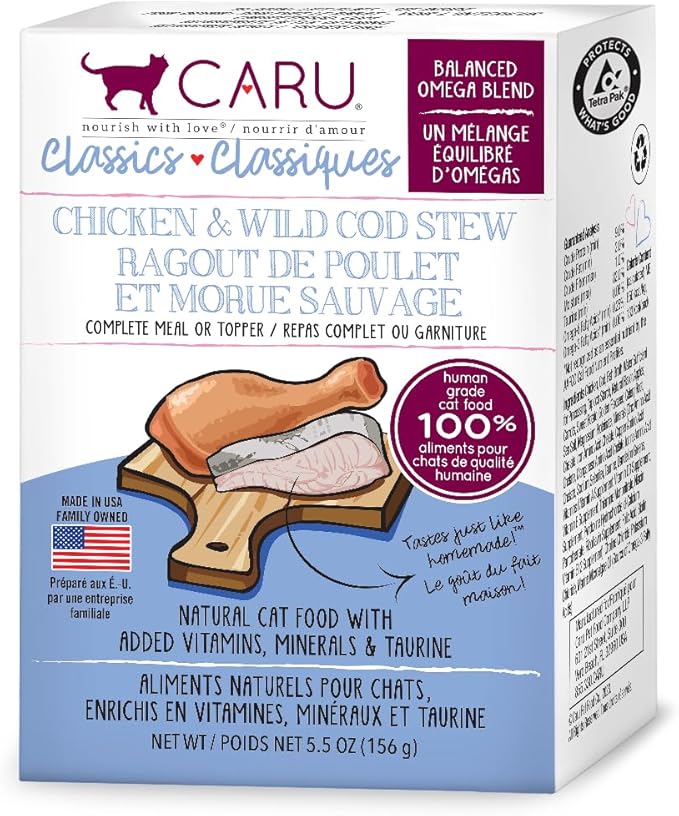 Caru - Classics Chicken & Wild Cod Stew - for Cats - Supports Overall Pet Health - Wet Cat Food/Meal Topper - Human Grade Ingredients - Non-GMO - Made in USA - 5.5 oz - Case of 12