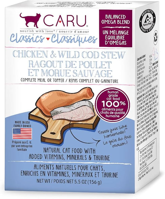 Caru - Classics Chicken & Wild Cod Stew - for Cats - Supports Overall Pet Health - Wet Cat Food/Meal Topper - Human Grade Ingredients - Non-GMO - Made in USA - 5.5 oz - Case of 12