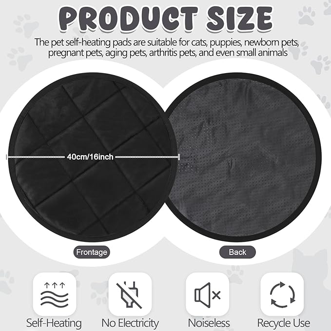 2 Pcs Self Warming Cat Mat Round Self Heating Pad Bed Reversible Machine Washable Heated Bed Anti Slip Warming Pad Pet Mat for Cat Crate Indoor Outdoor(Black,16 Inch)