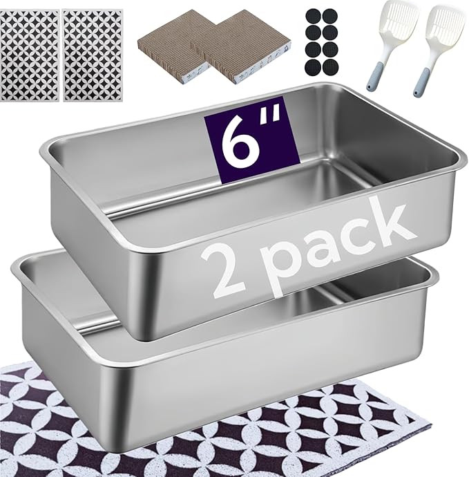 2 pack Stainless Steel Cat Litter Box with High Sides - Metal Cat Pan, Large Indoor Litter Tray, Never Absorbs Odor, Pet Toilet Supplies Smooth Surface for Kitten, Kitty, Rabbit 17.5"13.5"x6"