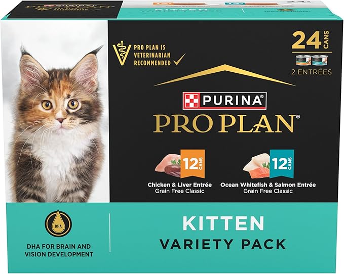Purina Pro Plan Grain Free Chicken and Liver and Ocean Whitefish and Salmon 24 ct Kitten Wet Food Variety Pack - (24) 3 oz. Cans