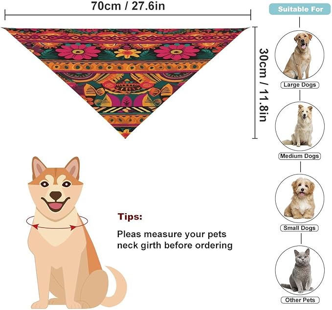 Dog Bandana Spring Pet Scarf Adjustable Triangle Mexican Folk Art Boho Printing Dog Bib Washable Polyester Puppy Bandana for Small Medium Large Dogs Cat Birthday Party Supplies
