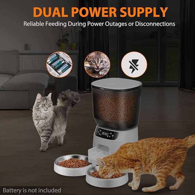 Automatic Cat Feeders for Two Cats, 5L/20 Cups Double Automatic Cat Food Dispenser with 2 Stainless Bowls, Timer Setting 20 Portions 6 Meals Per Day, 10s Meal Call, Pet Feeder for Dog (White, 5L)