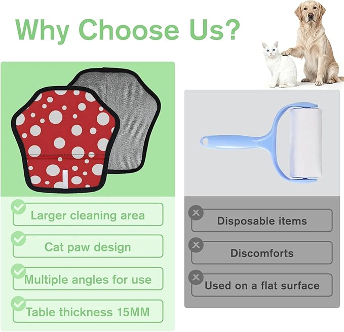 Round Dots Print Electrostatic Pet Hair Removal Glove for Cats & Dogs - Reusable Grooming Mitt for Couch, Carpet, Car Seat & Laundry - Large 9x9 Inch