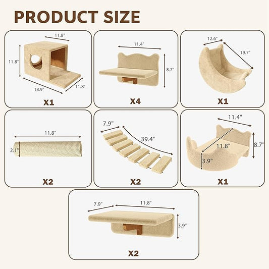 13-in-1 Cat Wall Shelves, Wall Mounted Cats Furniture Set with Plush Fabric, Cat Climbing Wall Systems, Cats Shelf with Moon Hammock, Condo, House, Step, Bridge Ladder, Scratching Post, Beige