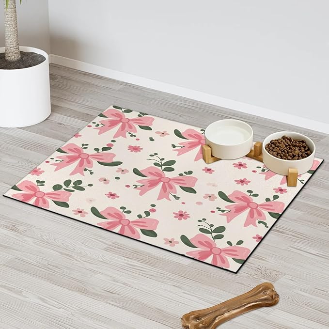 Pink Bow Dog Food Mat for Floors Absorbent, Quick Dry Water Dispenser Mat for Food, Water, Pet Supplies 24" x 32", Flower Leave