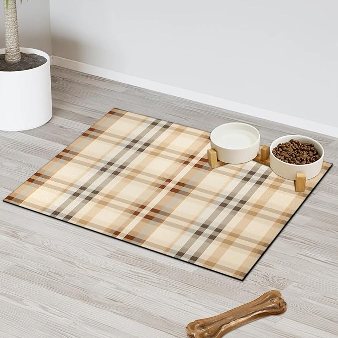 Plaid Dog Food Mat for Floors Absorbent, Quick Dry Water Dispenser Mat for Food, Water, Pet Supplies 17" x 30", Vintage Buffalo
