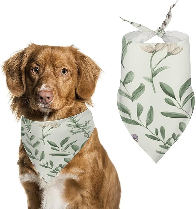 Dog Bandana Spring Pet Scarf Adjustable Triangle Green Flower Herb Sage Leaves and Branches Printing Dog Bib Washable Polyester Puppy Bandana for Small Medium Large Dogs Cat Birthday Party Supplies