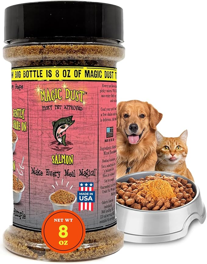 Wild Meadow Farms - Magic Dust Salmon Jerky Topper, Single Protein Pet Food Topper for Dogs & Cats, Enhance Flavor & Elevate Mealtime Excitement for Picky Eaters - 8 Ounce Bottle in Salmon Flavor