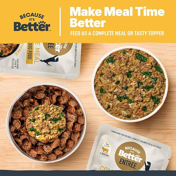 Because It's Better Entrée Complete Meal, Lamb Stew with Rice, Human Grade Wet Dog Food, 10 oz Pouches, 6 Count