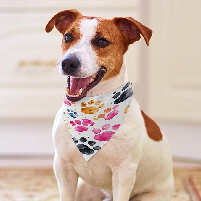 Dog Bandana Spring Pet Scarf Adjustable Triangle Colorful Dog Paws Printing Dog Bib Washable Polyester Puppy Bandana for Small Medium Large Dogs Cat Birthday Party Supplies