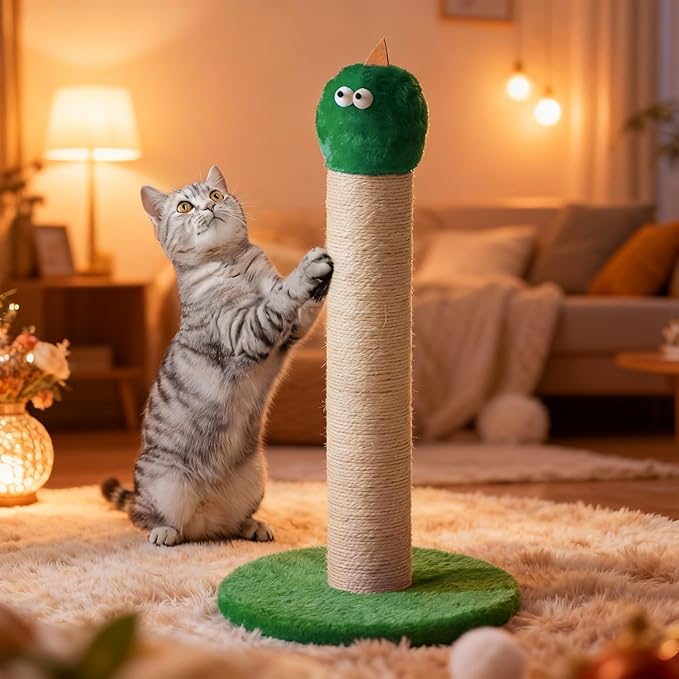 22" Cat Scratching Post, Sisal Cat Scratcher with Interactive Hanging Toy, Monster Scratch Pole for Indoor Cats, Cute Cat Scratch Post for Kittens & Large Cats, Green