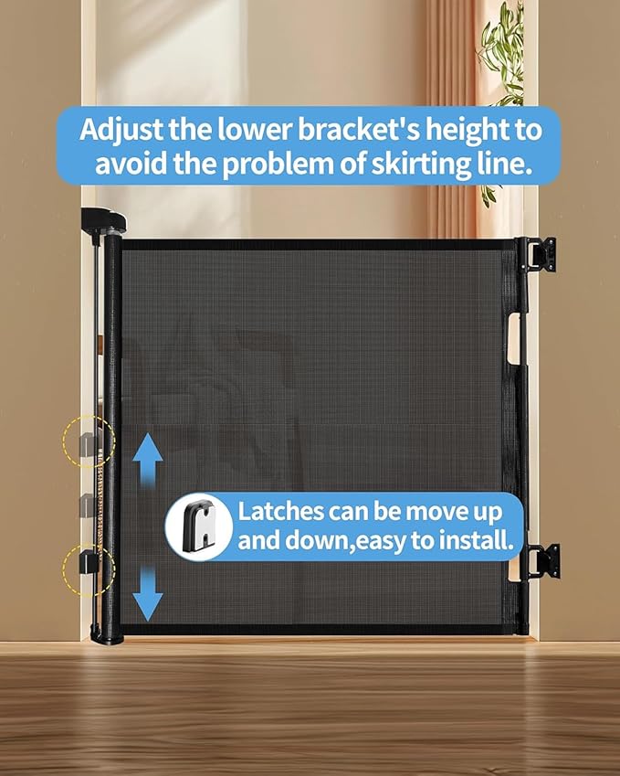 Retractable Baby Gate for Doorways and Stairs, Mesh Safety Gate for Pet, Indoor & Outdoor Use, One-Hand Operation, Easy Installation, 33.6" Tall, Expands to 55" Wide（Black,33.6"x55")