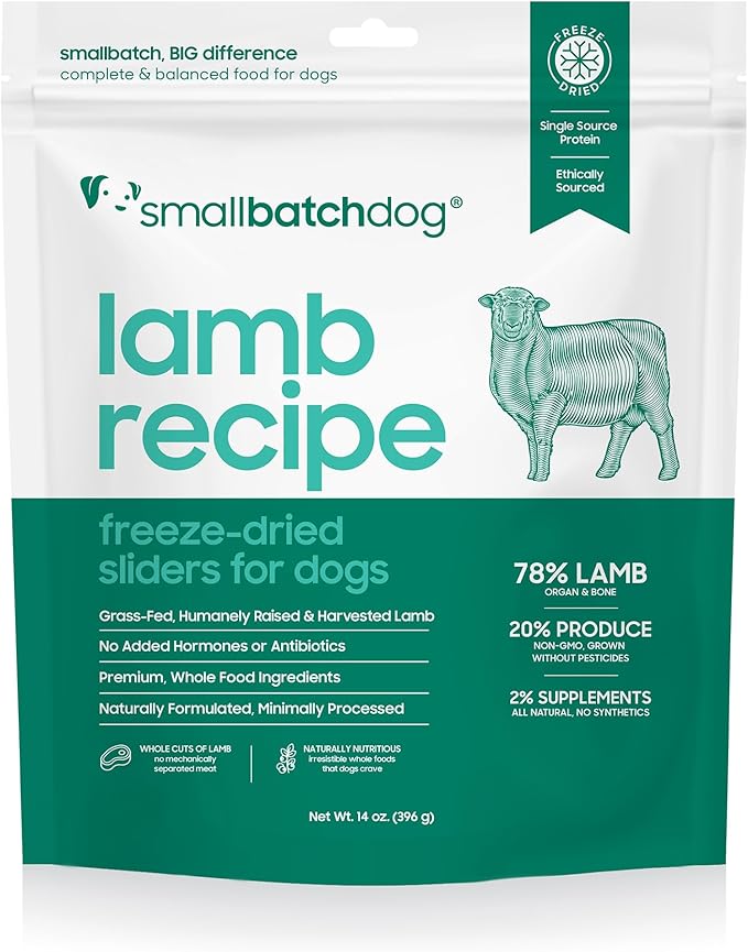 smallbatch Pets Freeze Dried Raw Dog Food, Lamb Recipe, 14 oz, Organic High Protein Dog Food, Grain Free, Made in The USA, Humanely Raised Meat, Single Protein, for Picky Eaters, Hydrate & Serve